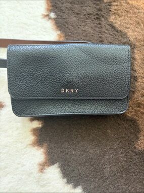 DKNY Black Pebbled Leather Belt Wallet with Silver Logo